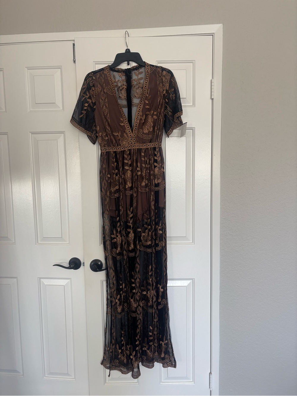 Haute Monde Black and Brown Embroidered V-Neck Maxi Dress